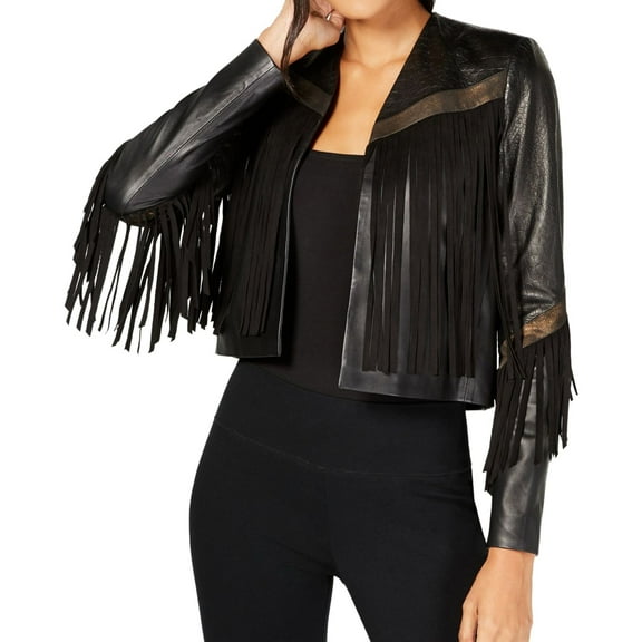 Rachel Zoe Womens Fringe-Trim Leather Jacket, Black, 8