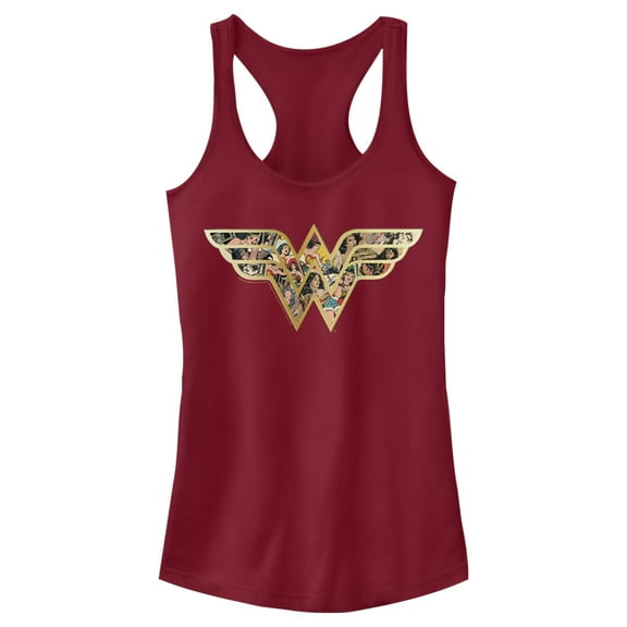 Junior's Justice League Symbol Build Up Fill  Racerback Tank Top Scarlet X Small