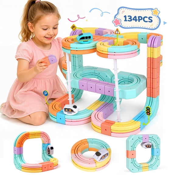 HopeRock 126PCS Track Car Set - Pastel Rail Vehicle Playset STEM Educational Toy for Kids Ages 3 , Ideal Christmas Birthday Gift for Boys Girls 3-8 Years.