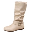 thumbnail image 6 of HEWUQI Short Cowboy Boots for Women Slouchy Mid Calf Round Toe Side Zipper Flats Adjustable Buckle Decor Comfortable Winter Fall Shoes Beige Size 5.5, 6 of 6