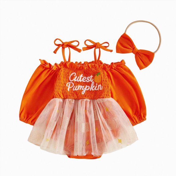 KPOPLK Baby Girl Halloween Tutu Dress Bubble Romper Outfit Set Off Shoulder Pumpkin Print Long Sleeve Top with Tulle Skirt & Bow Headband(Orange,6-12 Months)