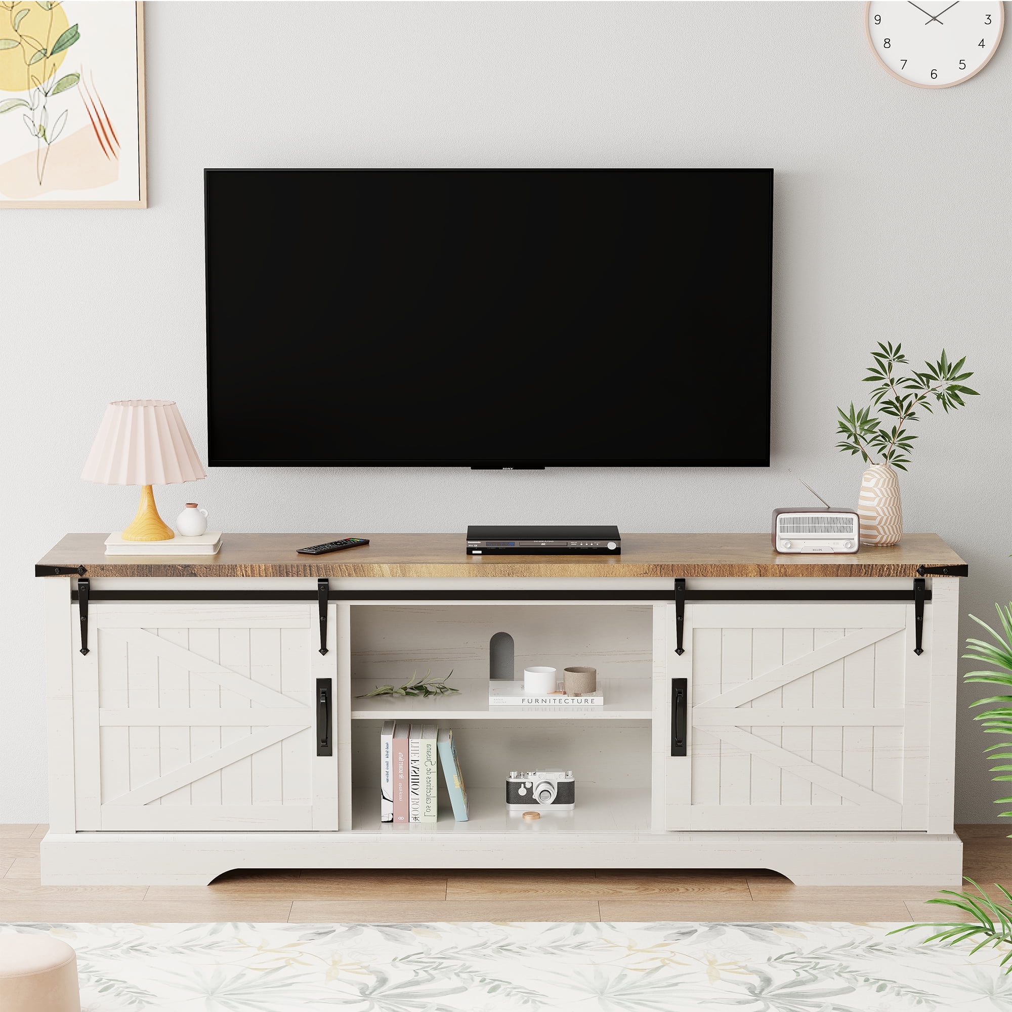 OKD Farmhouse TV Stand for TVs up to 75", Wood Entertainment Center with  Adjustable Shelves, Antique White