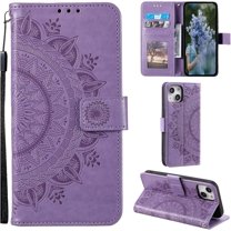 Mandala Phone Cover for iPhone 14 Plus, Ultra Slim Flip Case with Card Slot, Magnetic Closure, Embossing PU Leather Case with Stand Function and Lanyard, Foldable Motif - Purple
