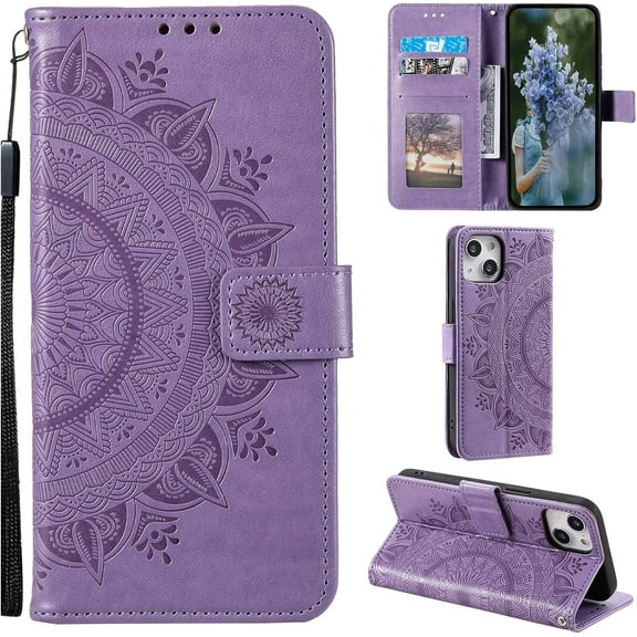Mandala Phone Cover for iPhone 14 Plus, Ultra Slim Flip Case with Card Slot, Magnetic Closure, Embossing PU Leather Case with Stand Function and Lanyard, Foldable Motif - Purple