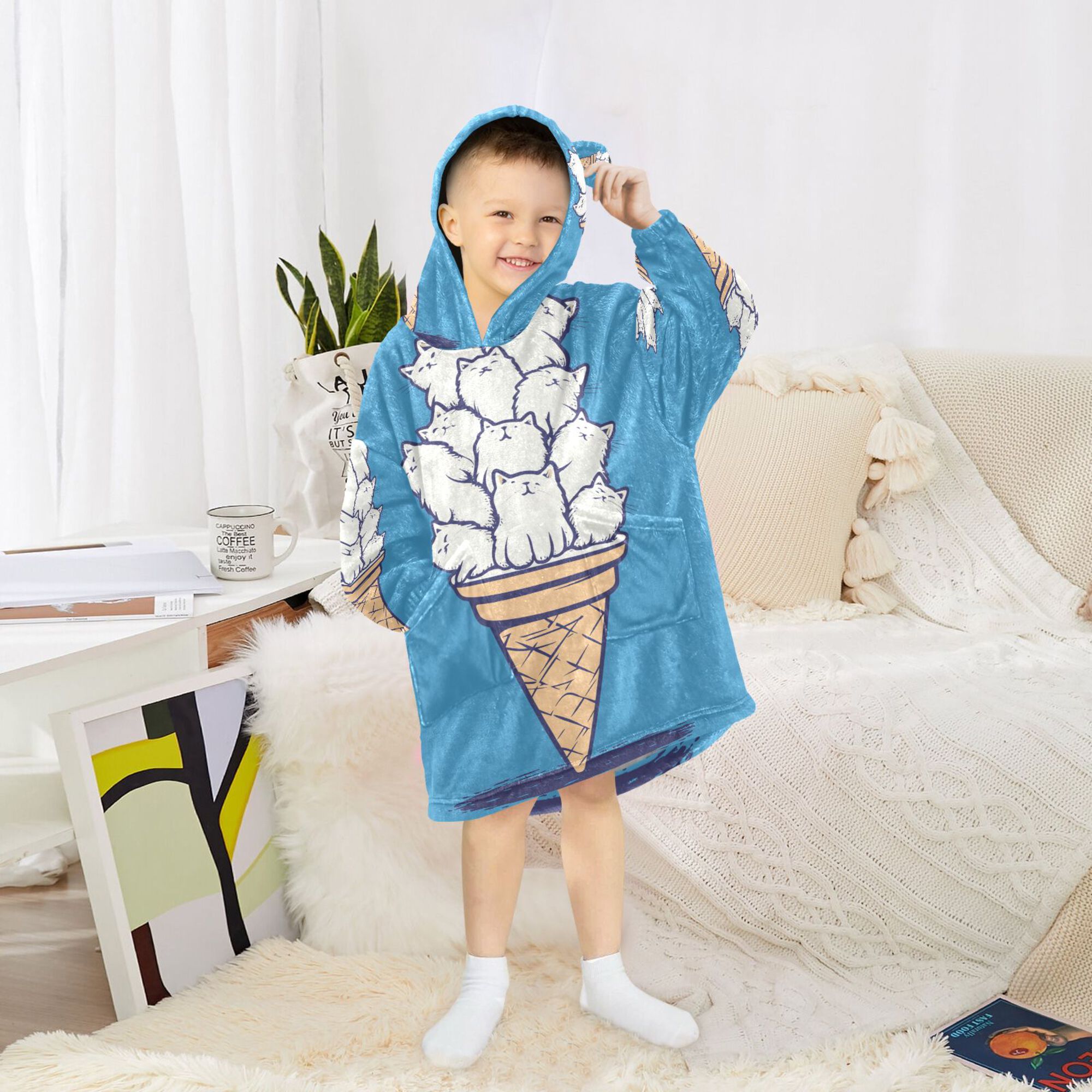 FORMRS Wearable Blanket Hoodie with Sleeves for Kids Cozy Flannel Sweatshirt, Ice Cream Cat