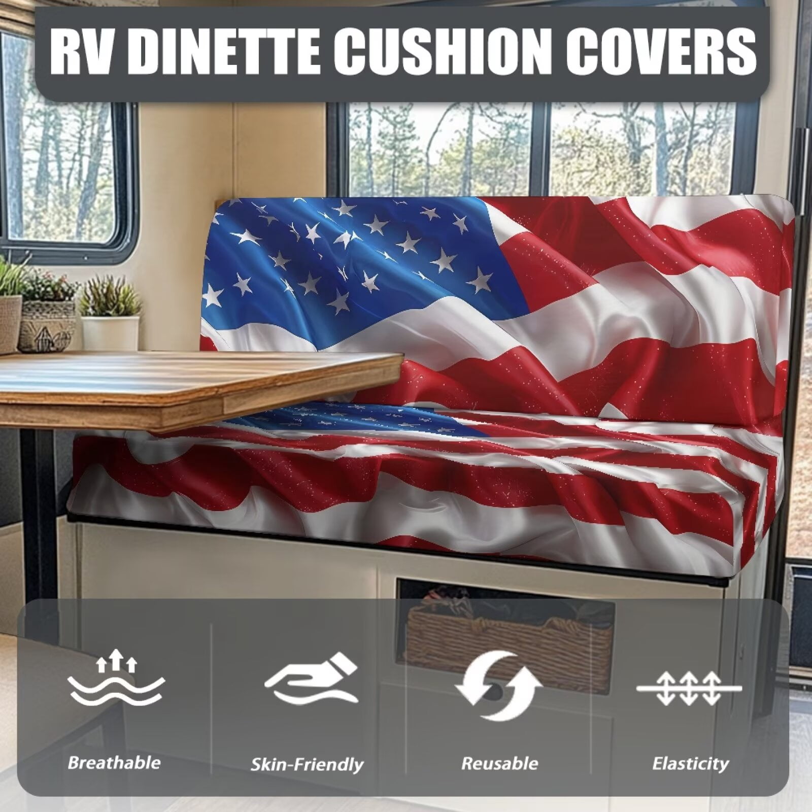 XYZCANDO American Flag RV Dinette Cushion Covers Camper Decor Stretchable Slip Covers for Loveseat Universal Bench Cushion Washable Sofa Covers for 2 Cushion Couch Camper Must Haves Red