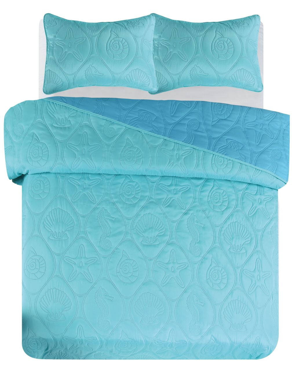 3 PCS Shell & Seahorse Stitched Pinsonic Reversible All Season Soft Microfiber Bedspread Quilt Coverlet Oversize Turquoise Color Queen Size