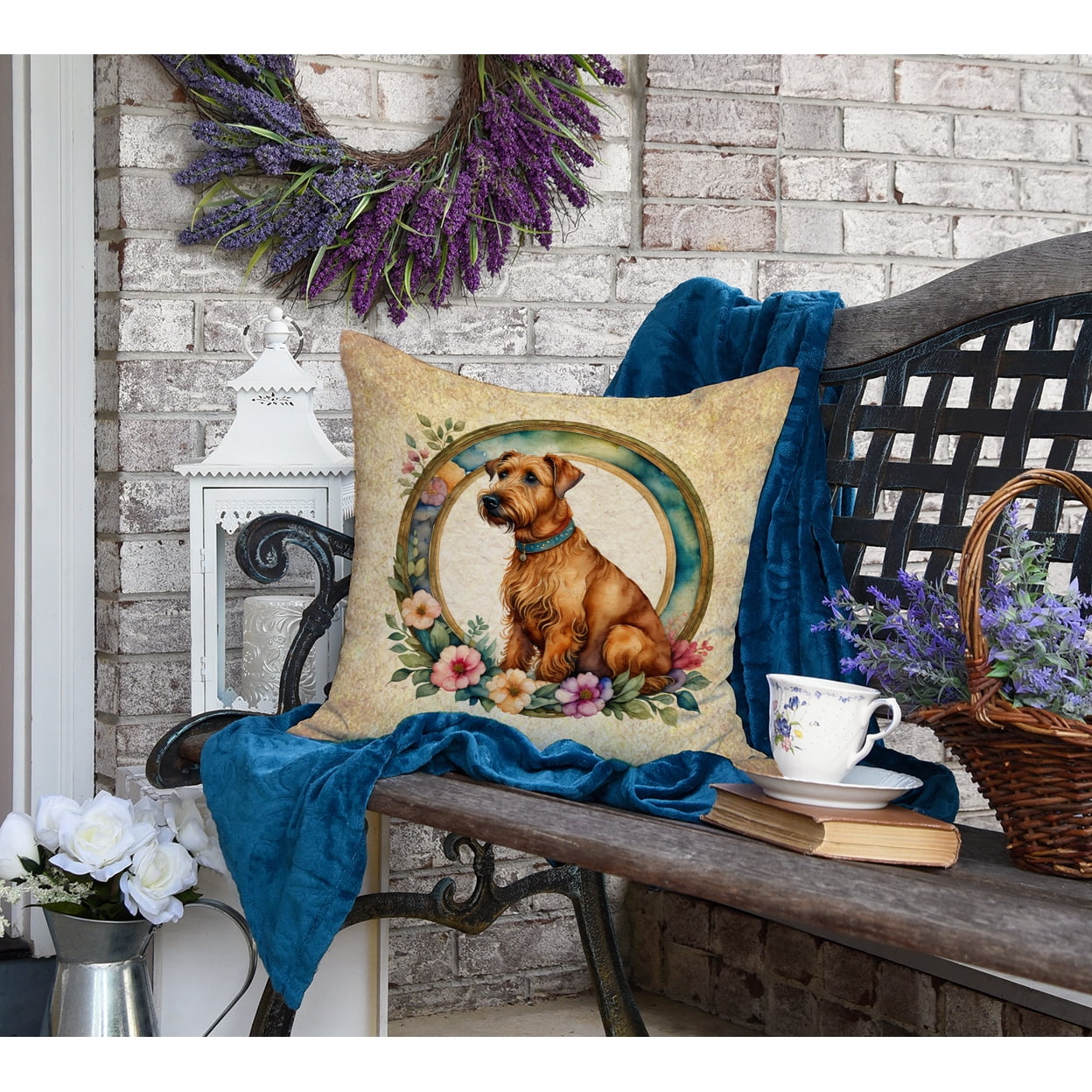 Irish Terrier and Flowers Fabric Decorative Pillow 18 in x 18 in