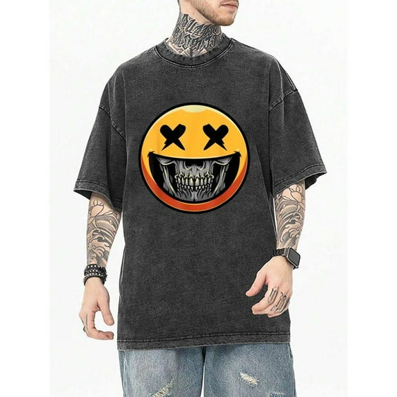 Cotton Balck Tee Top Cool Skull Graphic Washed Cotton Round Neck Everyday Casual Streetwear S-2XL Plus Size