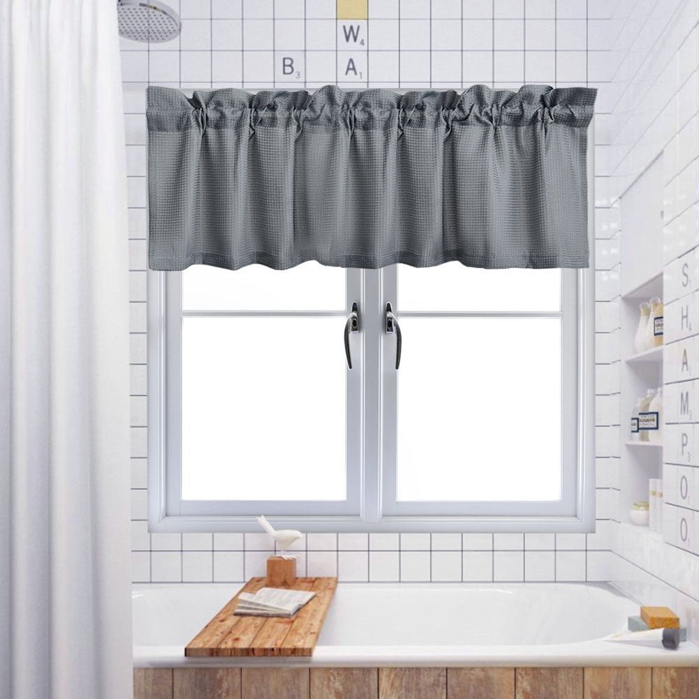 Blue Waffle Woven Textured Valance Water Repellent Short Tier Curtains for Kitchen Bathroom Living Room Window Covering Cafe Curtains Barlingrock Kitchen Curtains