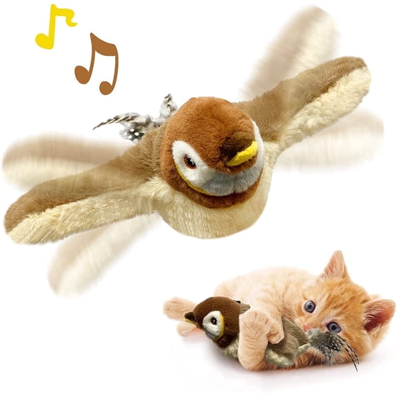Interactive Cat Toy Flapping Sparrow with Chirping Sound, Touch Activated Catnip Plush Bird Toy, USB Rechargeable Flapping Wings Toy for Indoor Cats, Kittens and Small Dogs
