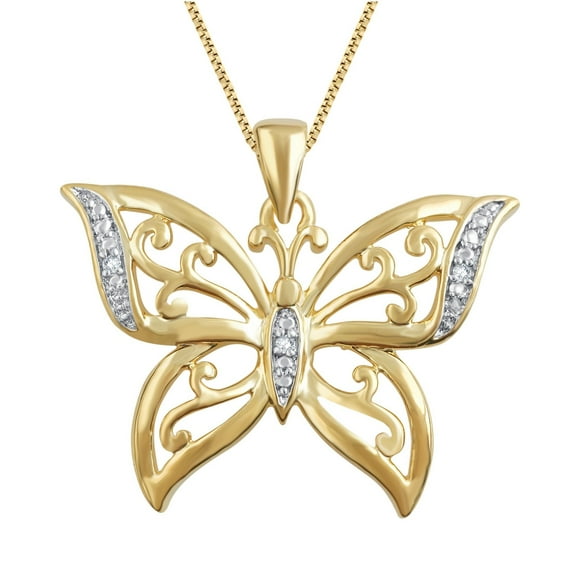 Genuine 0.02 Ctw Natural Diamond Accent Butterfly Shaped Necklace In 14K Yellow Gold Plated.