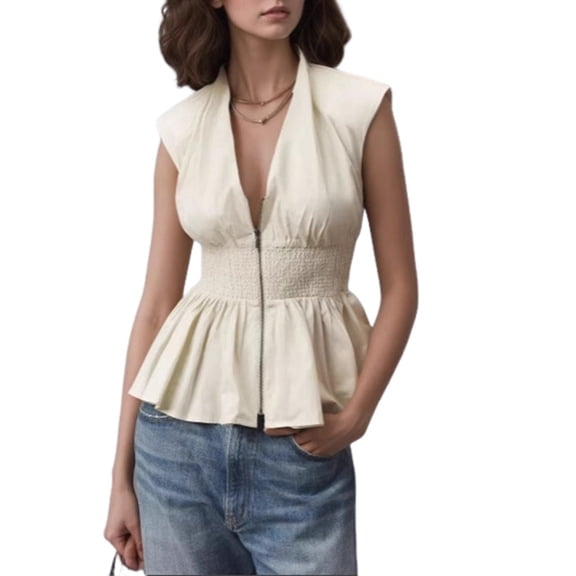 Women V Neck Tank Tops Smocked Zipper Sleeveless Vest Pleated Peplum Shirts Cream White S