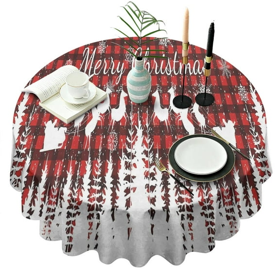 Red Christmas Pattern Round Tablecloth 60"x60",Wrinkle Wipeable Table Cloth for Kitchen Dining Room Picnic Patio Party
