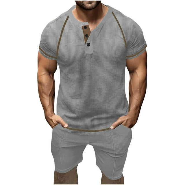 Gspmoly T-Shirts Chemises pour Hommes, Mode Décontractée Couleur Unie Col Rond Ensembles Chemises Hommes Haut jusqu'à 70 % de Réduction