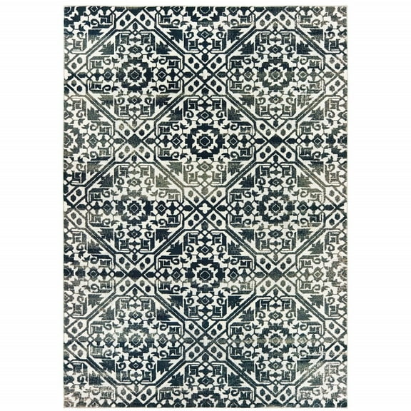 4' X 6' Navy And Ivory Geometric Power Loom Stain Resistant Area Rug