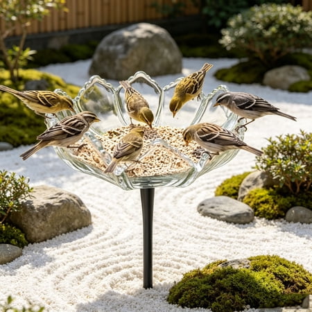 LACKUST Glass Bird Feeder with Metal Ground Stake, 2-in-1 Outdoor Bird Bath & Seed Tray for Backyard Lawn Patio, Clear Flower Bowl for Small Wild Birds
