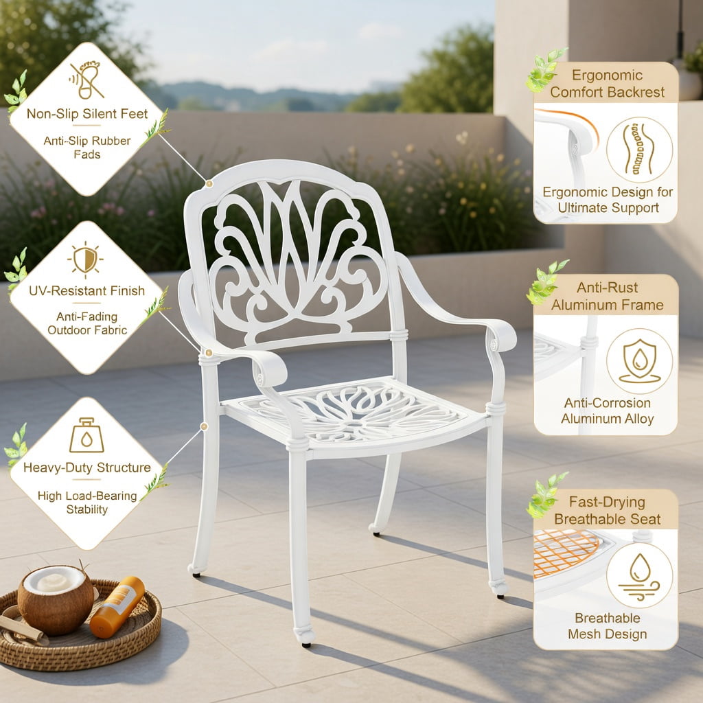 Hommoo 2-Pack Stackable Cast Aluminum Outdoor Dining Chairs with Armrests, All-Weather Patio Seating for Backyard, Garden & Porch, White