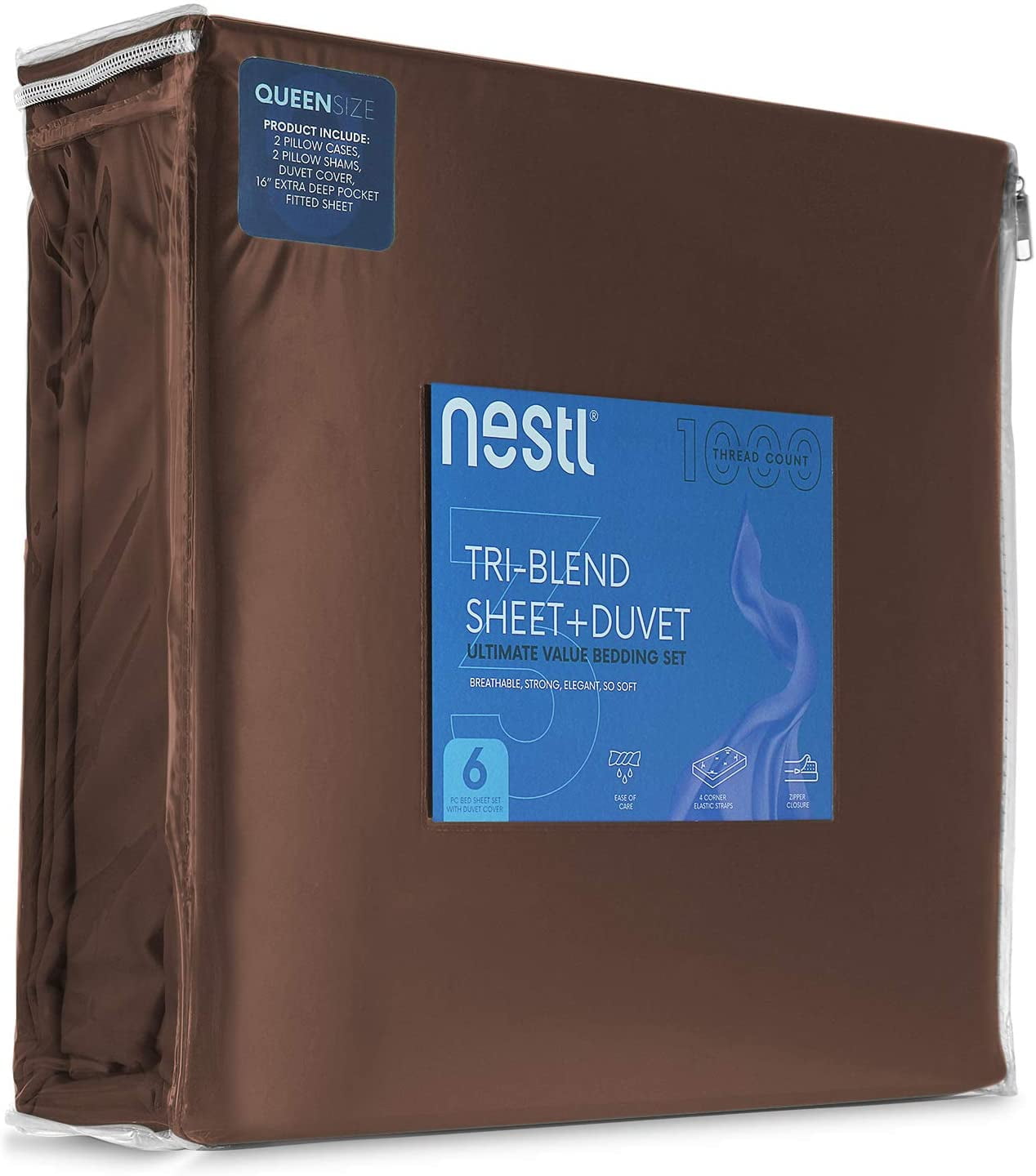Nestl 1000 Thread Count Premium Cotton Blend 6 Piece Duvet Cover Set, Includes Duvet Cover, Deep Pocket Fitted Sheet, 2 Pillowcases, 2 Pillow Shams, Lightweight hypoallergenic - Queen, Chocolate Brown