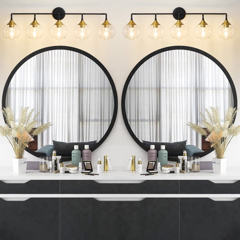 Bathroom Vanity Light with Clear Glass Shade, E26 Base, Bathroom Light Fixtures Over Mirror, Vanity Lights for Bathroom (Exclude E26 Bulb) - Black and Gold, 5-Lights