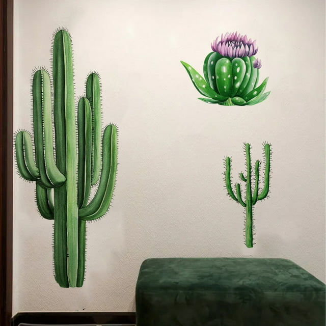 Adhesivos de pared autoadhesivos de PVC con forma de cactus, 30 x 90 cm, 2 hojas