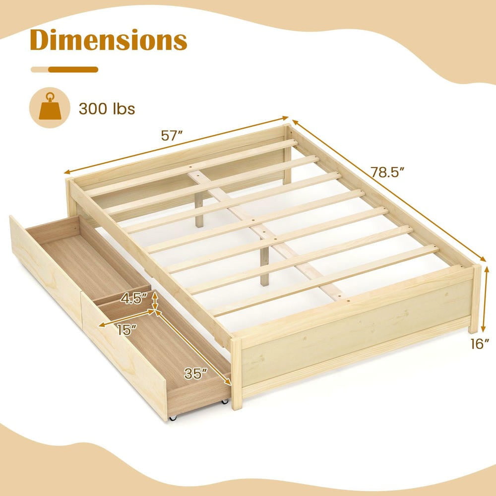 Barara King Full Size Wooden Bedroom Trundle Bed Frame with 2 Rolling Storage Drawers, Bed Platform Frame for Bedroom, Apartment, Natural