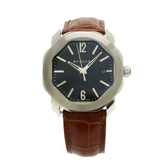 Pre-Owned BVLGARI Octo Date Black Dial Stainless Steel Leather Strap Men's AT... (Good)