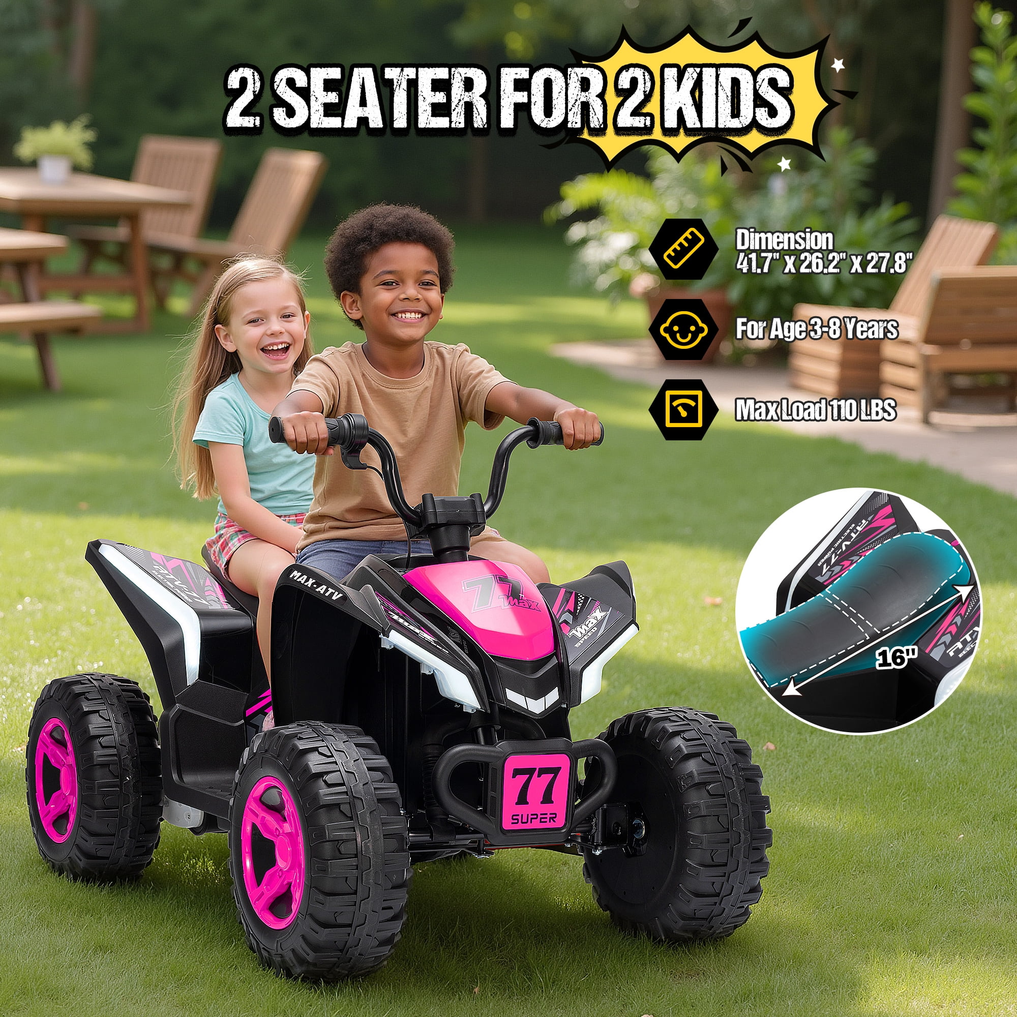 Kids ATV 4 Wheeler, Two Seater 24V Ride On Toy for Big Kid w/Unique LED Light, Music, Wireless, Story, 24 Volt Ride on Car Electric Quad for Boys Girls, Pink