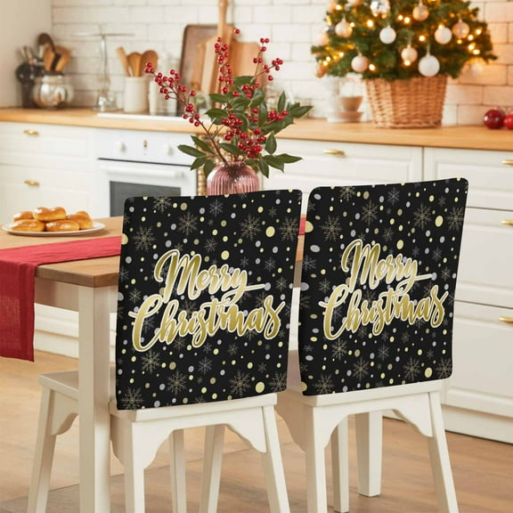 Merry Christmas Chair Covers Set of 1 Black Gold Polka Dot Winter Snowflakes Chair Back Covers Stretch Removable Washable Slipcovers Protector for Dining Room Kitchen Party Decor