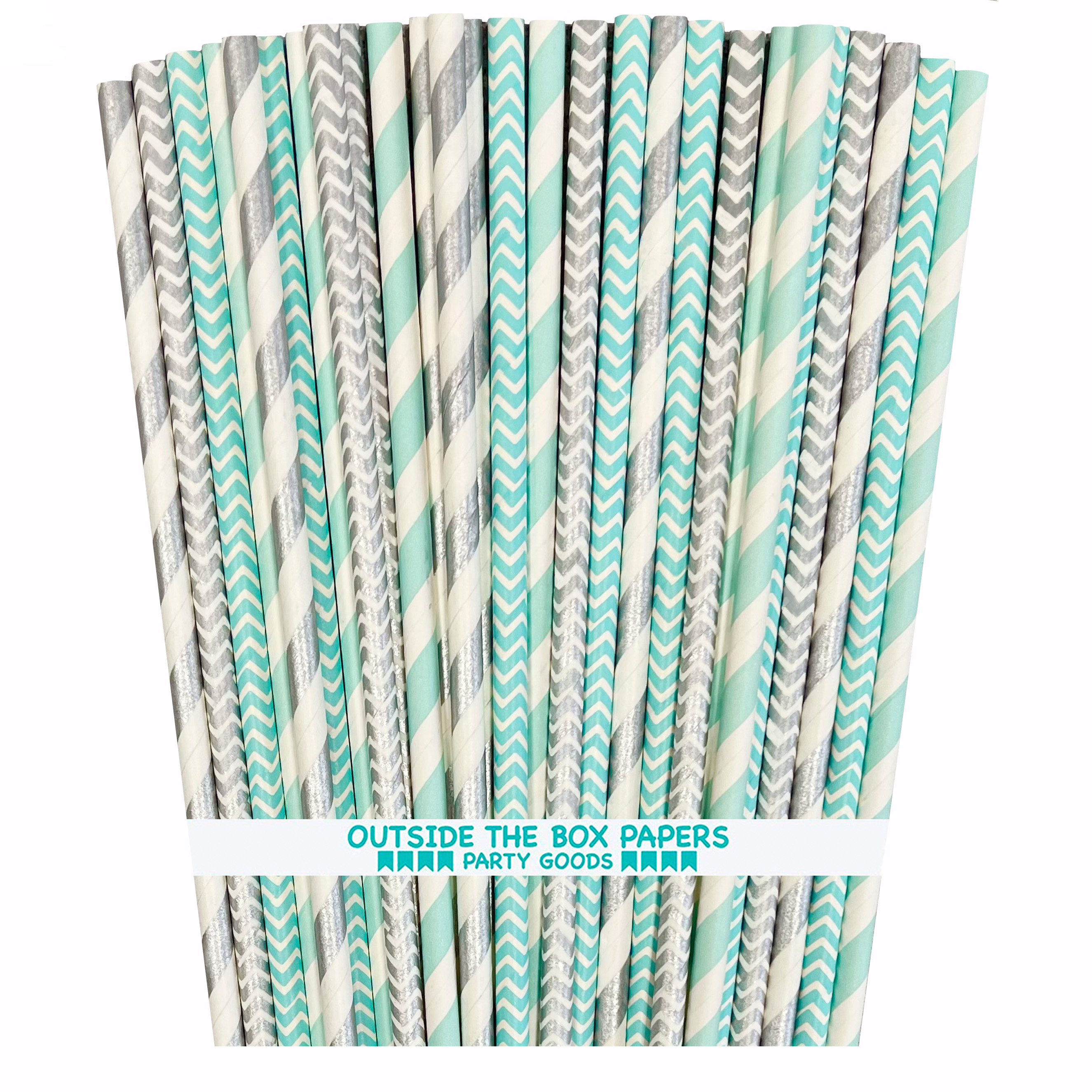100 Light Blue Silver Paper Straws Stripe and Chevron