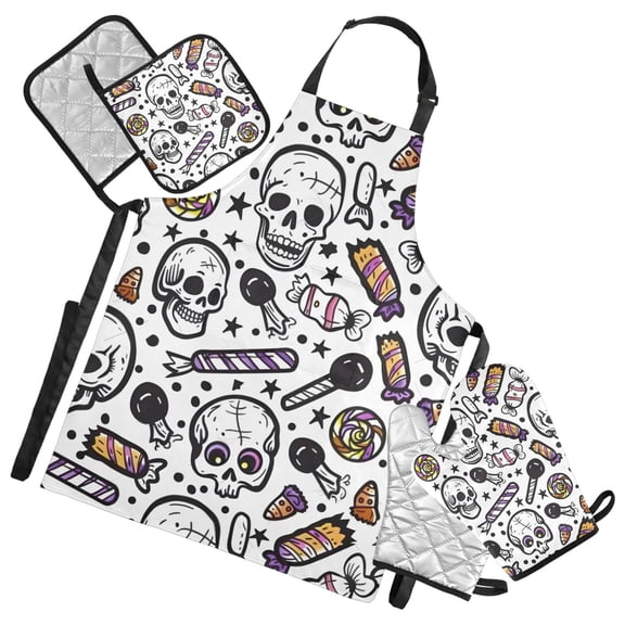 Halloween Candy Skull Star 5 Pcs Kitchen Set Heat Resistant Oven Mitts and Non-Slip Pot Holders with Adjustable Cooking Apron
