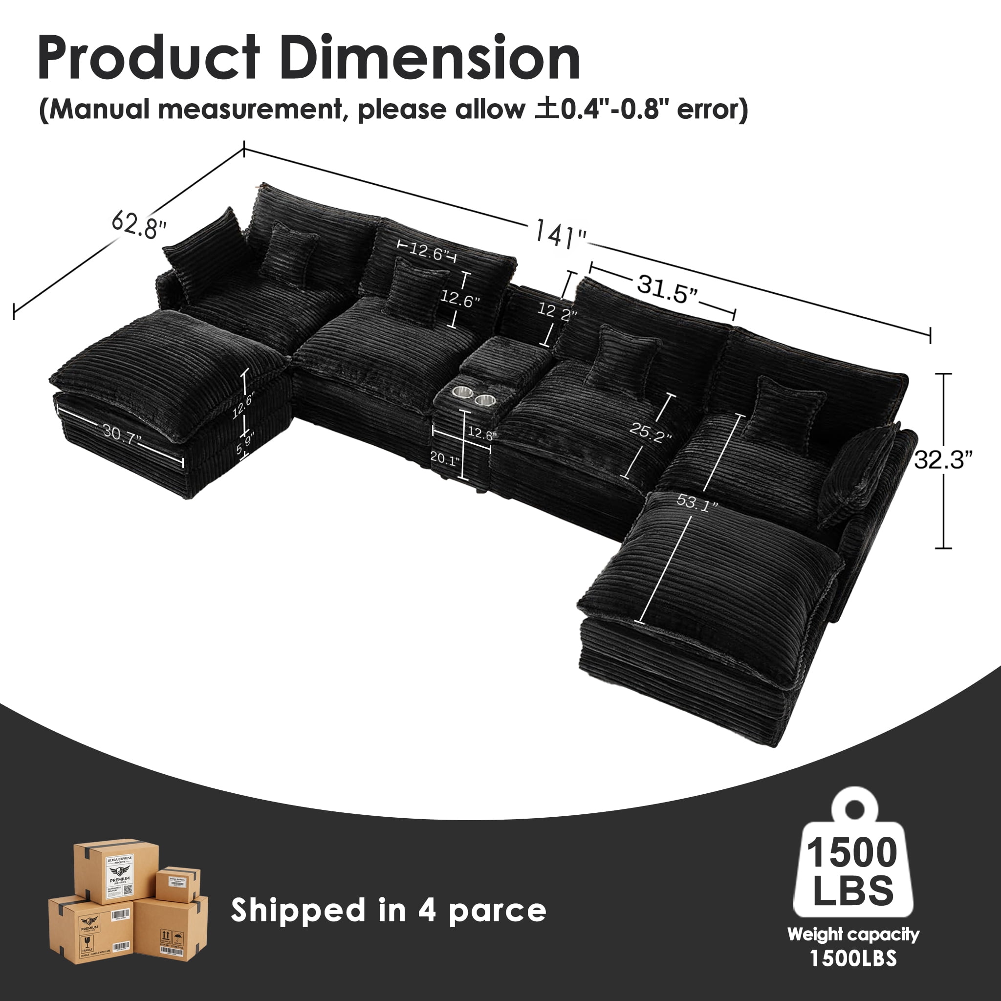Wakefit 141" U Shaped Sectional Couch, Oversized Modular Sectional Sofa, 5 Seater Corduroy Cloud Couch with Hidden Storage, USB Ports & Cup Holders for Living Room, Black