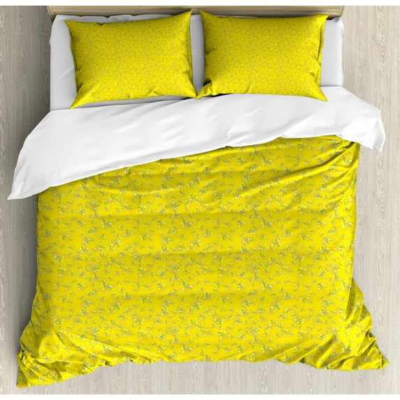 Floral Yellow Duvet Cover Set Queen Size, Romantic Spring with Ditsy Flowers Happy Nature Vibes Pattern, Decorative 3 Piece Bedding Set with 2 Pillow Shams, Yellow Lavender Lime Green, by Ambesonne