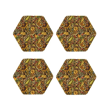 

Fuzoiu Vintage Sunflower and Corn Autumn Print Leather Coasters Set Drink Coasters Set of 4 for Tabletop Protection Durable PVC Coasters Home Décor and Housewarming Gift-Hexagon