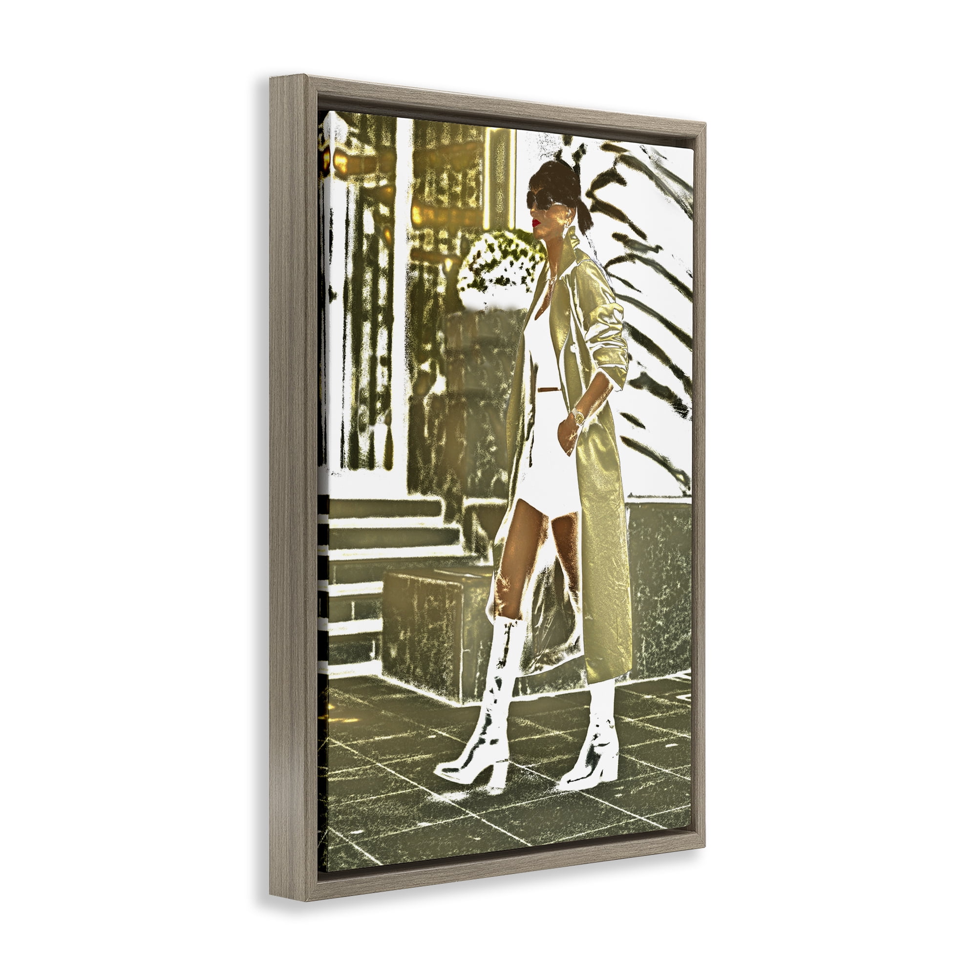 Stupell Industries Girl in Gold Trenchcoat People Painting Brown Floater Framed Canvas Art Print Wall Art, 17 x 25