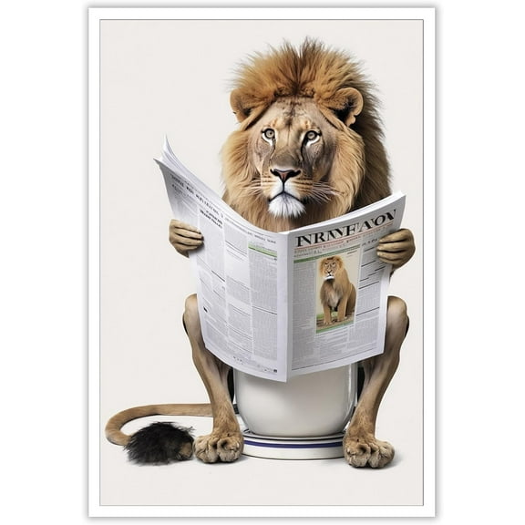Aaheei Funny Lion Bathroom Canvas Wall Art Cute Lion In Toilet Posters Black and White Animal Prints Painting Maximalist Mid Century Modern Aesthetic Wall Decor