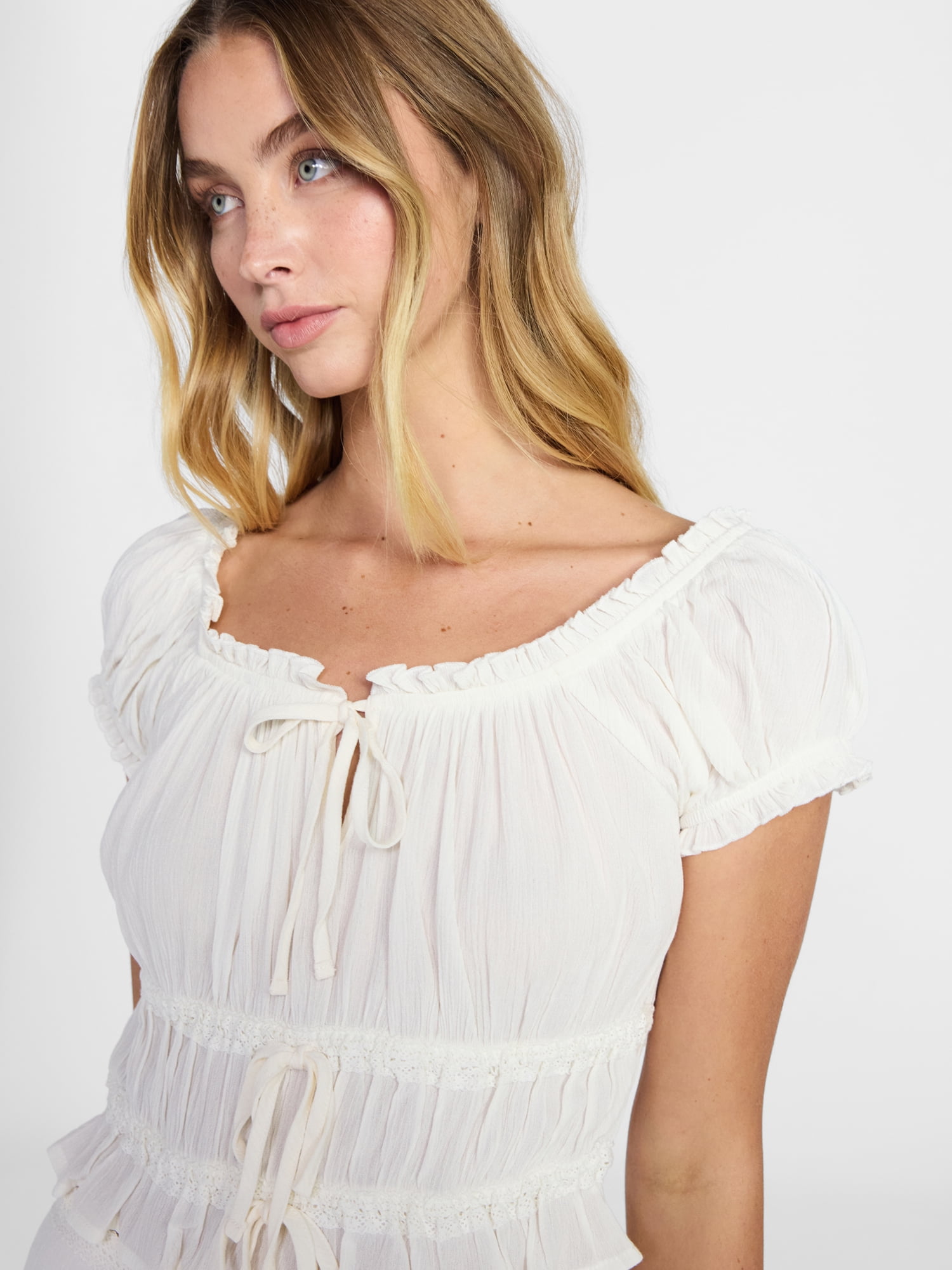 No Boundaries Puff Sleeve Peplum Top, Women’s XXS-XXL