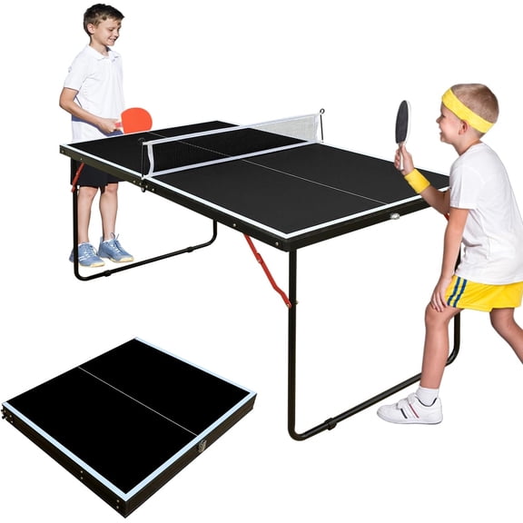 Ping Pong Table Foldable Table Tennis Table with Net, Table Tennis Paddles and Balls, 4.5FT/6FT/9FT MDF Multi-Use Family Game Table for Kid Teenager Adult, Compact & Portable
