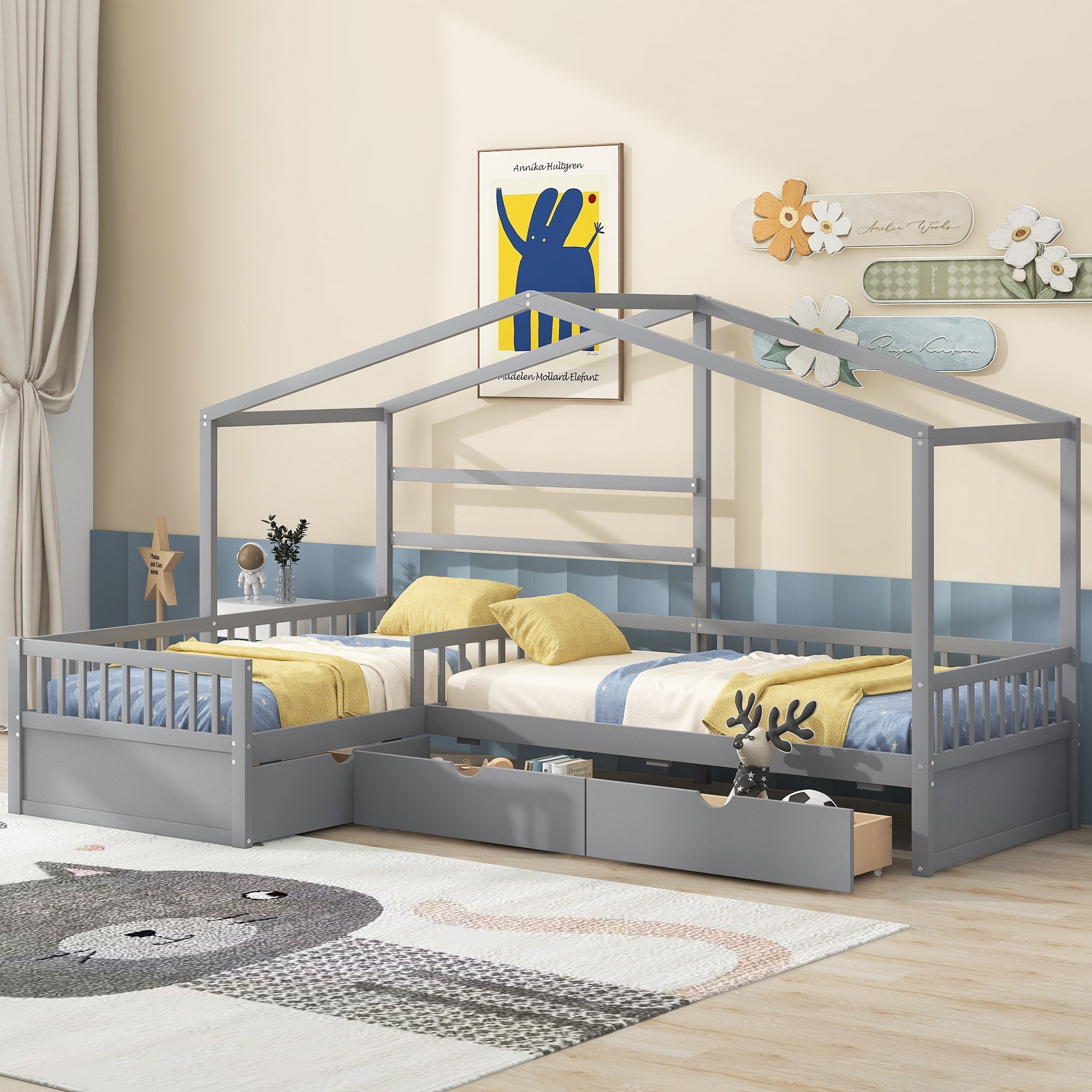 Bellemave House Bed Double Twin Beds, Wood L-Shape Twin Bed with 3 Storage Drawers, Montessori Bed with Roof and Fencefor Toddler Kids Girls Boys (Gray)