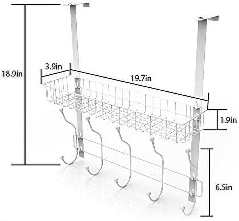 Over-The-Door Hook Shelf Organizer 5 Hooks With Basket Storage Rack, White
