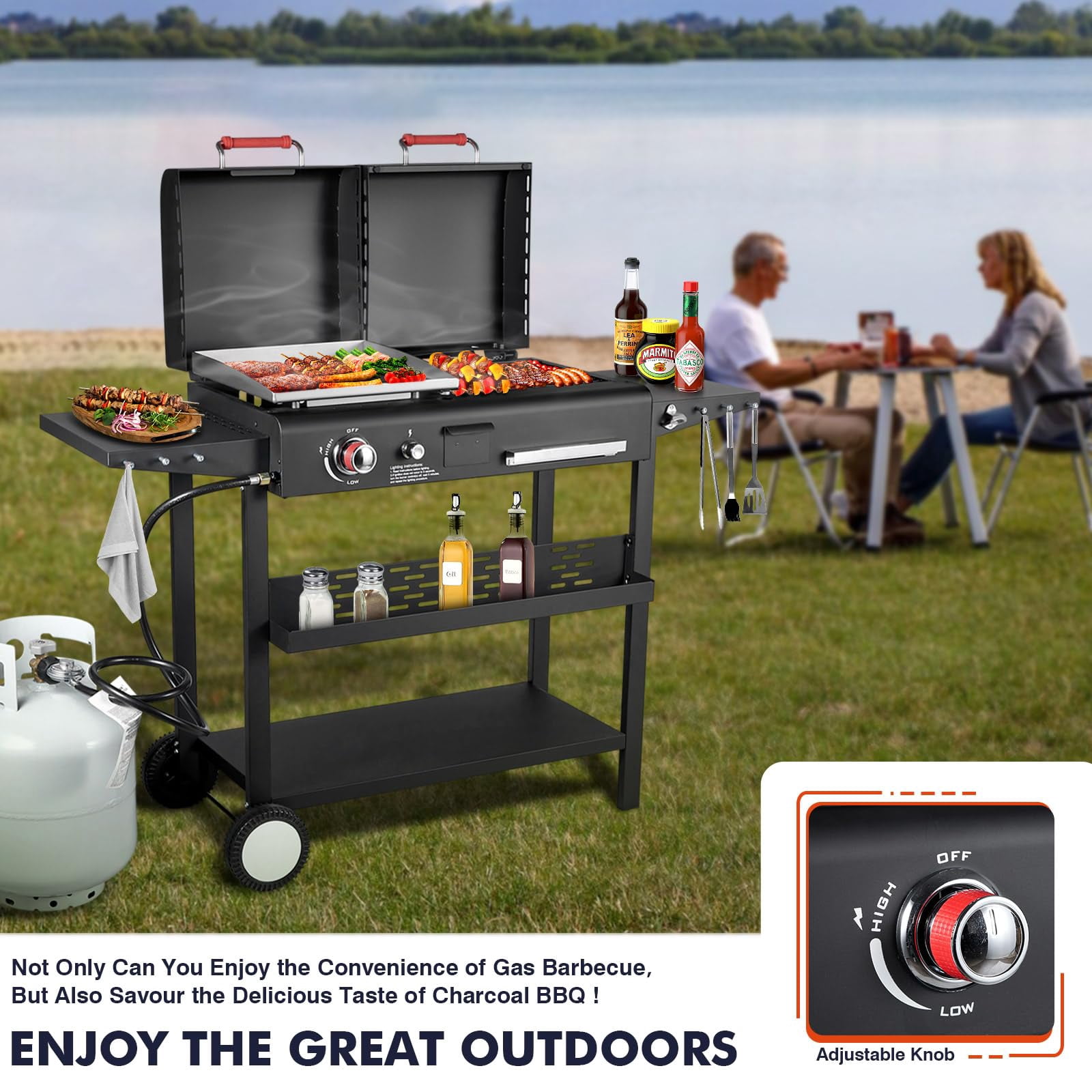 Frizi Charcoal and Gas Grill Combo with Black Dual Lids, Dual Fuel Propane Gas Grill with 2 Side Shelves for Outdoor Backyard Barbecue Cooking