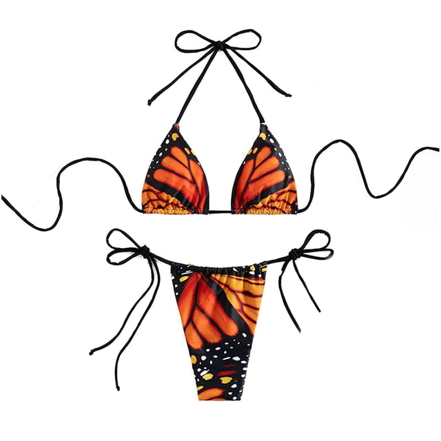 Traje de baño de 2 piezas para mujer, estampado de moda, correa de espagueti, cuello en V profundo, sujetador triangular Halter, conjunto de Bikini rojo L