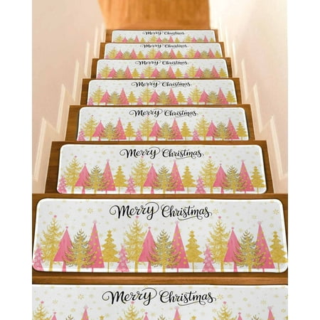 Christmas Tree Stair Treads for Wooden Steps Indoor Runner Rug Carpet Winter Snowflake Xmas Pink Pine Tree 7 Pieces Peel and Stick Staircase Step Treads Covers Washable Throw Door Mats 30 x8