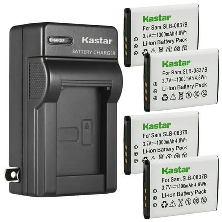 Kastar 4-Pack SLB-0837(B) Battery and AC Wall Charger Replacement for Samsung SLB-0837B SLB-0837(B) Battery Samsung Digimax L301 Digimax NV8 Digimax NV10 Digimax NV15 Digimax NV20 Camera