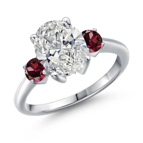 2.74 cttw IGI Certified Lab Grown Diamond and Red Rhodolite-Garnet 3-Stone Engagement Ring for Women | 925 Sterling Silver | Center 2.00 Ct Diamond | E-F Color | VS1-VS2 Clarity | Size 5