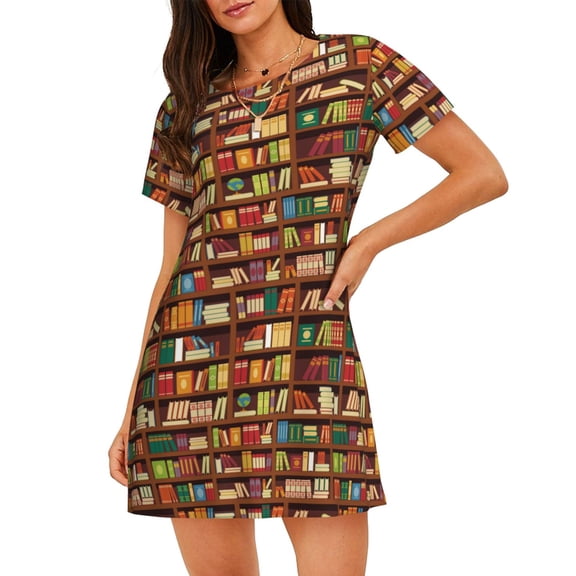 Cotton Nightgowns for Women - Library Vintage Bookshelf Print Sleep Shirts for Women's Nightgowns & Sleepshirts, Soft Cotton Pajama Dress Shirts for Women, House Dress Sleepwear for Women
