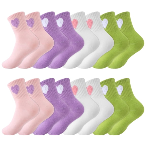 Bocaoying Girls Cotton Athletic Crew Socks, Cute Heart Patterns, 8 Pairs, Ages 3-12