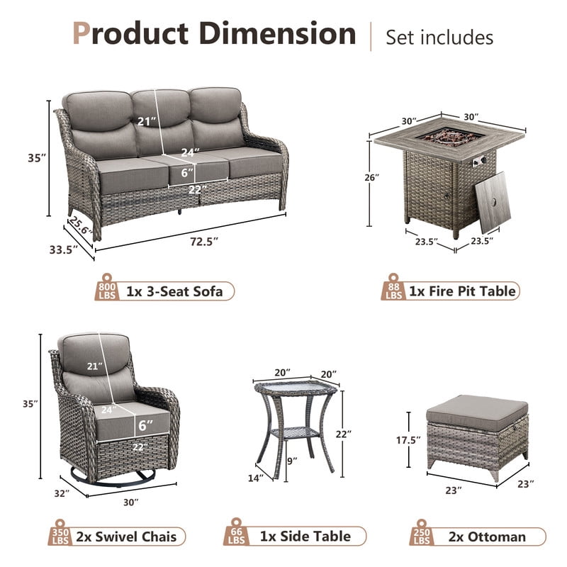 Gymojoy Patio Furniture 7 Pieces Wicker Outdoor Sectional Sofa Sets, Rattan Conversation Set with Fire Pit Table, Swivel Chairs for Backyard, Pool