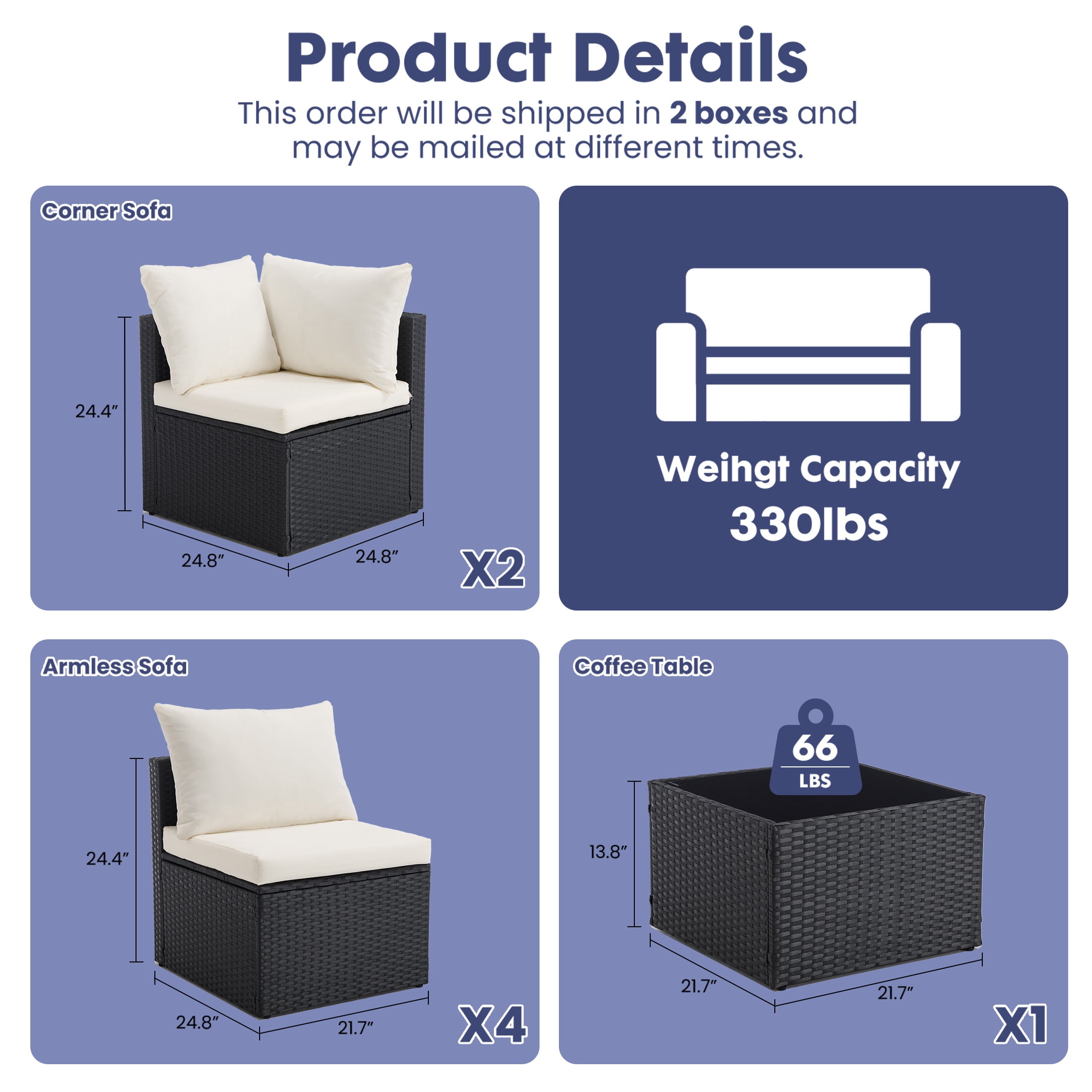 EDX 7 Piece Outdoor Wicker Patio Furniture Set, PE Rattan Sectional Conversation Set with Tempered Glass Coffee Table, Washable Cushions & Pillows for Backyard, Garden, Poolside, Black