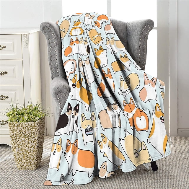Cute Dog Pattern Throw Blanket, Soft Plush Fleece Flannel Blanket for Couch, Gift for Corgi Lovers Room Decor 50x40 Inch
